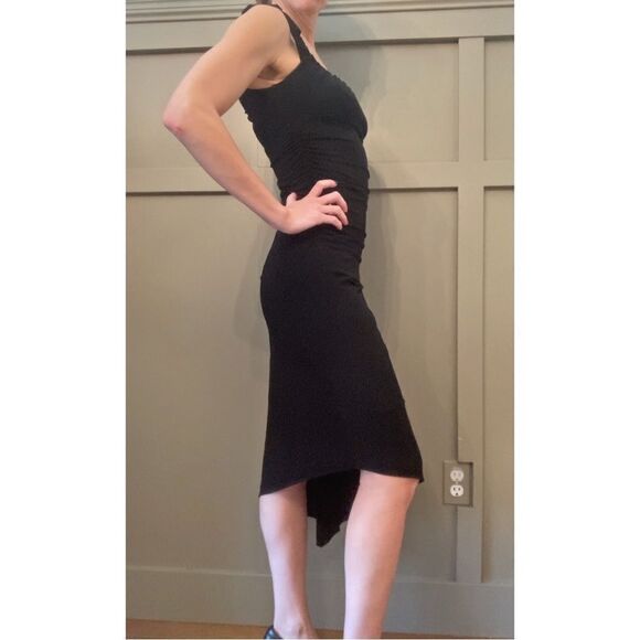 BCBG maxAzria ruched asymmetric hem midi dress black size XS - Picture 4 of 15